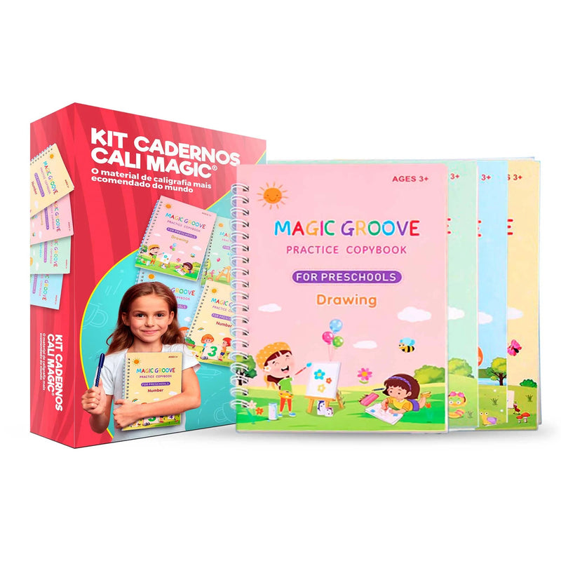 Cadernos de Caligrafia Magico Kit 4 Unidades + Bindes kids10 cegonhakids 